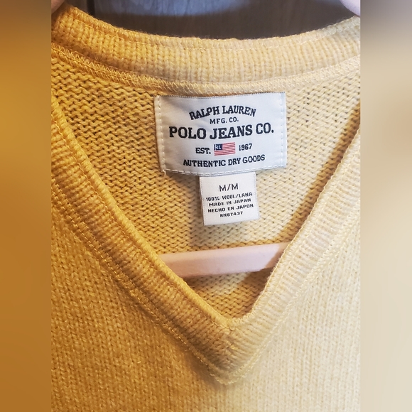 Ralph Lauren V Neck Sweater Polo Jeans Pullover 100% Wool Size Medium Yellow - Picture 3 of 5